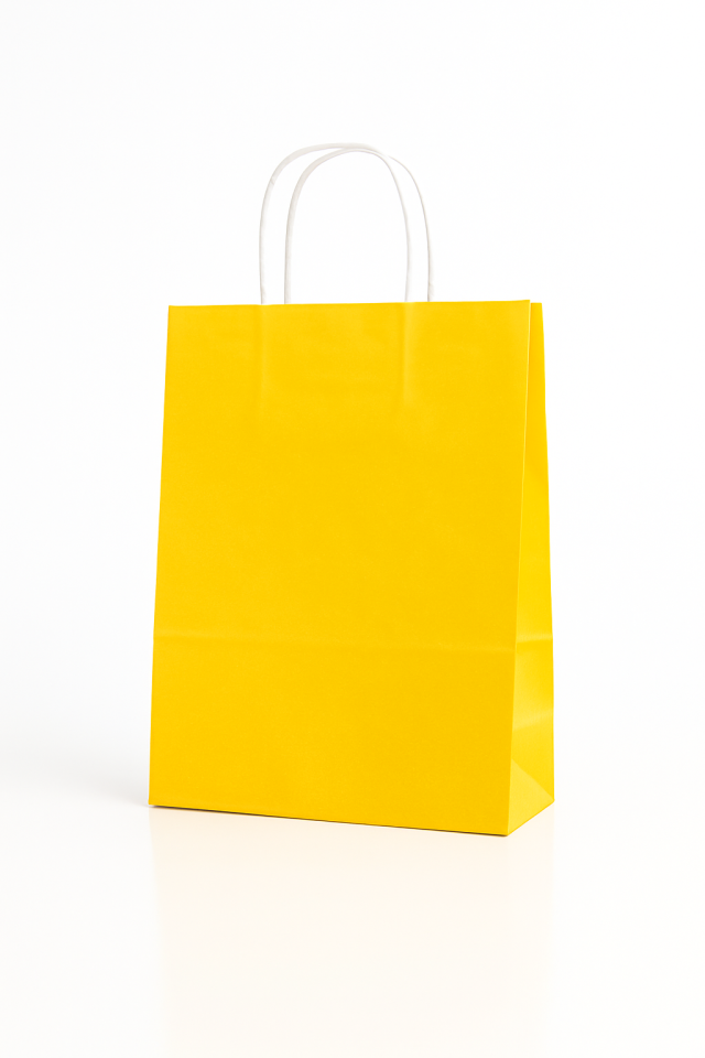 Çanta Beyaz Kraft 18x24x9 cm Burgu Sap Sarı 50 Adetli