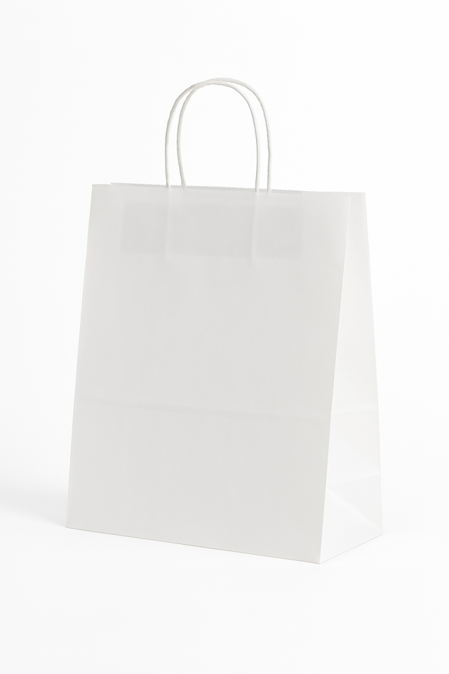 Burgu Saplı Beyaz Kraft Çanta – 25x31x12 cm